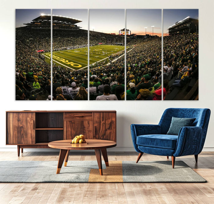 Autzen Stadium Evening Game Triple Canvas Wall Art - Oregon Ducks Football Match