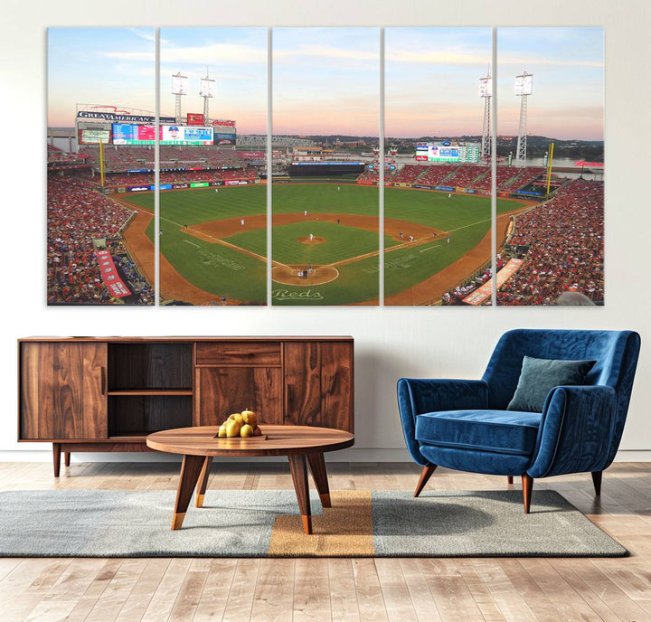 Cincinnati Reds game at sunset: Stadium wall art canvas.