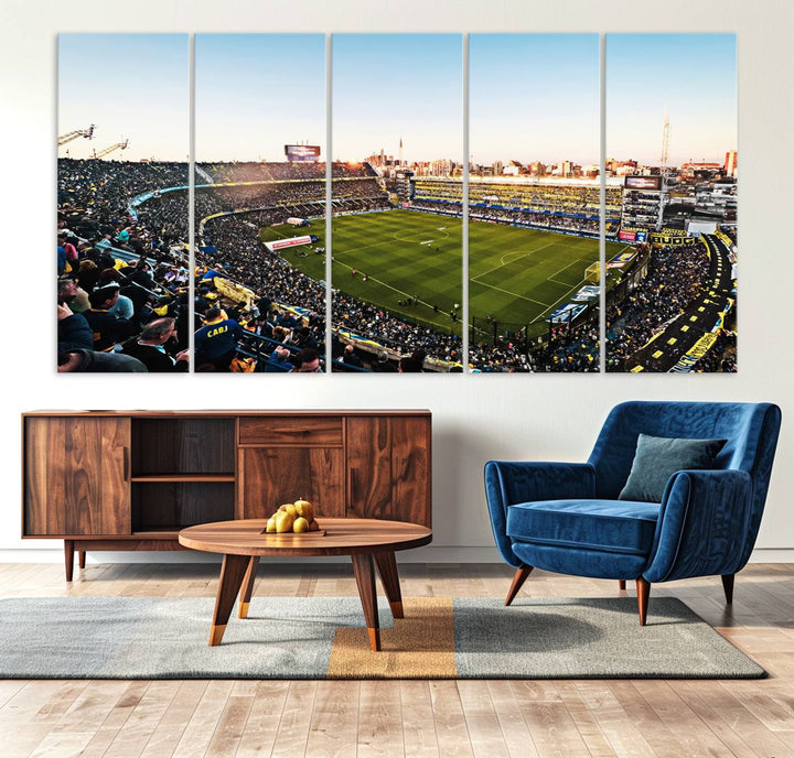 The wall art canvas print vividly captures the dynamic soccer culture at Bombonera Stadium with its vibrant depiction.