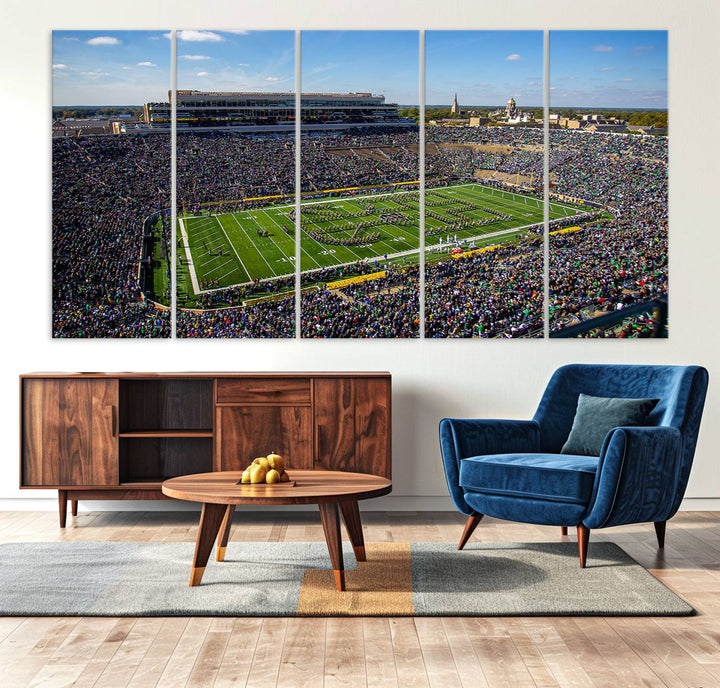 Aerial shot of packed stadium on green; Notre Dame Fighting Irish Stadium Wall Art Canvas Print.