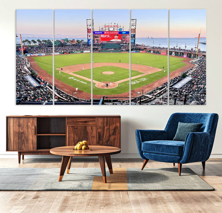 Gallery-quality canvas print of Oracle Park Stadium showcasing a waterfront view from behind home plate.