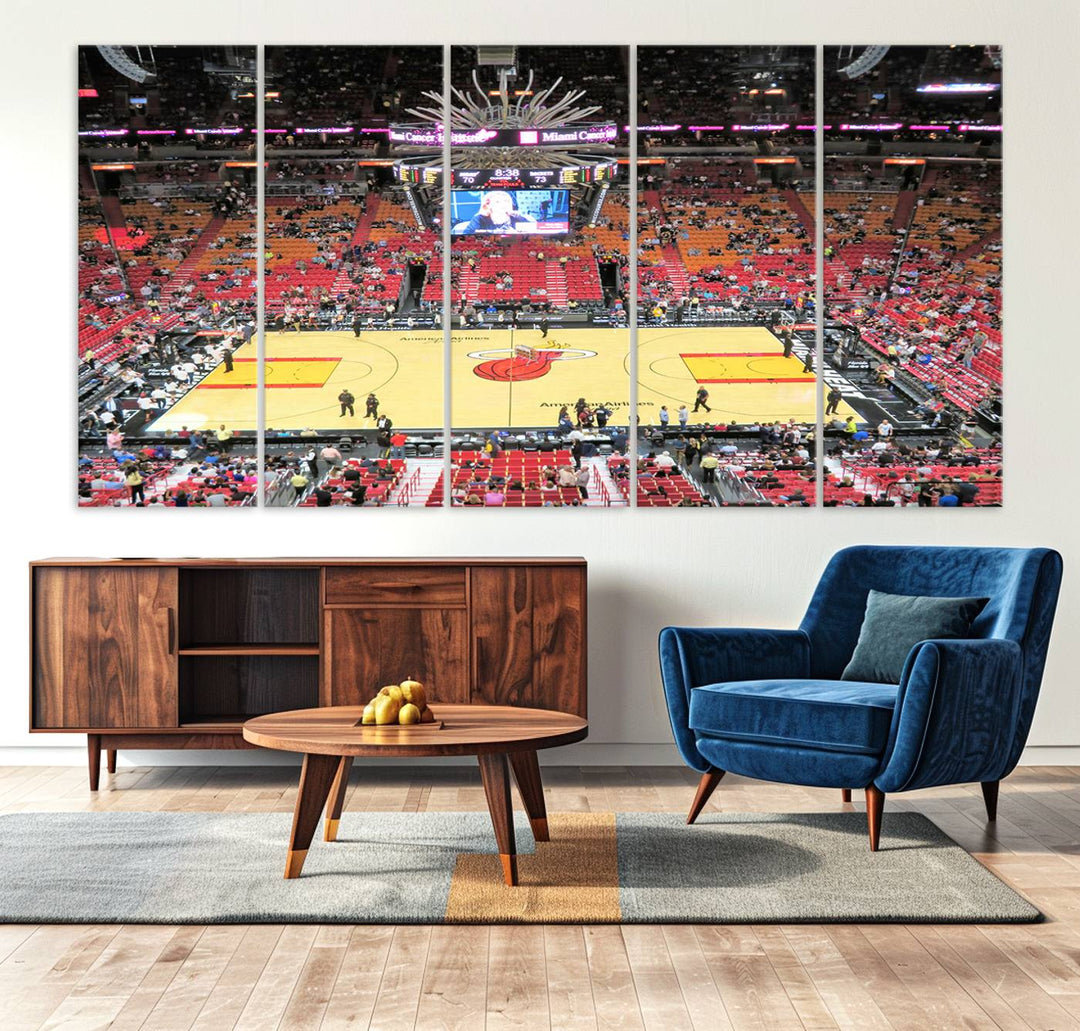 A Miami Heat Basketball Print showcases Kaseya Center Stadium Wall Art with a grand scoreboard.