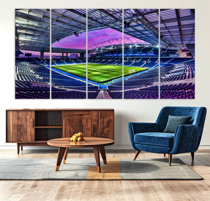 The FC Porto Soccer Team Dragon Stadium Wall Art Canvas Print decorates the room.