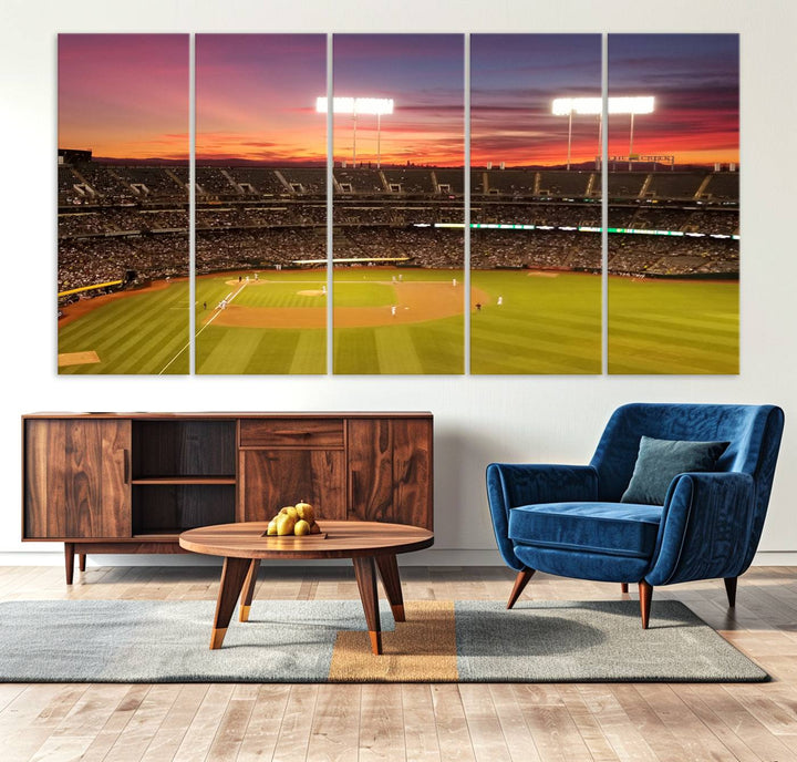 The Oakland Coliseum print is a museum-quality canvas depicting a full crowd and a sunset.