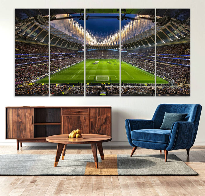 A stunning Tottenham Hotspur Stadium wall art captures the energy of a stadium packed with fans and vibrant lights.