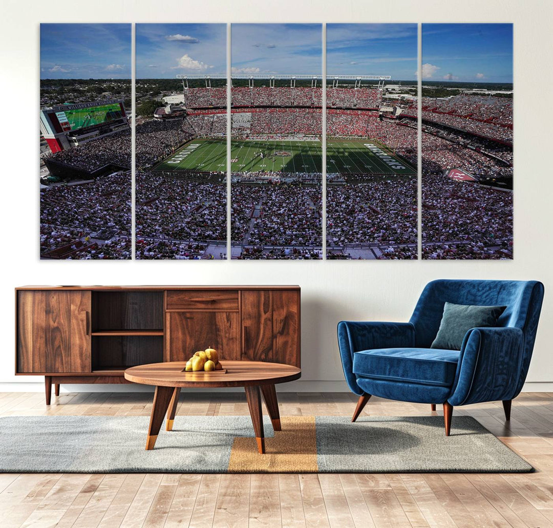 The wall art is a South Carolina Gamecocks print, showcasing Williams-Brice Stadium from a distance under clear skies.