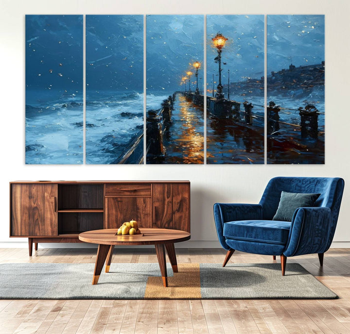 Framed 3-Panel Seaside Night Pier Oil Painting Canvas Wall Art | Ready to Hang Coastal Landscape Art for Modern Living Room, Office, or Bedroom Decor