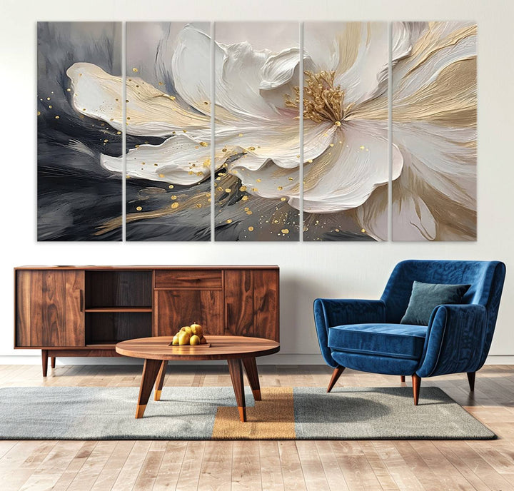 The abstract floral wall art canvas print features a large flower with gold accents.