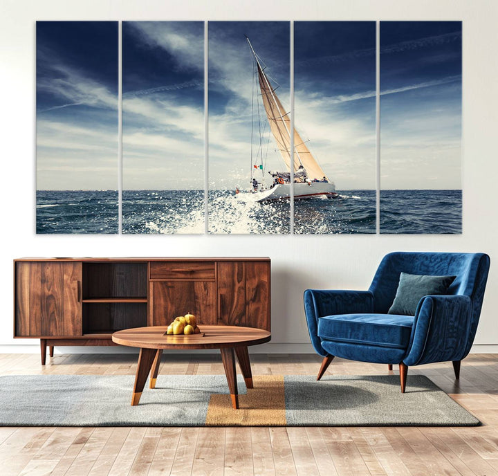 Sailboat Ocean Beach Blue Sky Wall Art Canvas Print