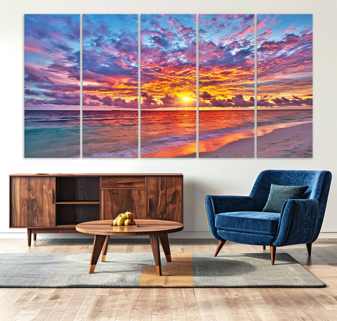 Vibrant Sunset Beach Wall Art | Ocean Sunset Canvas Print | Coastal Wall Art Decor | Ready to Hang | Stunning Sunset Scene for Home or Office Decor