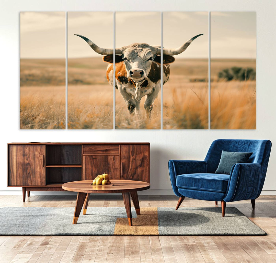 The Texas Cow Longhorn Wall Art Canvas adds rustic charm to the decor.