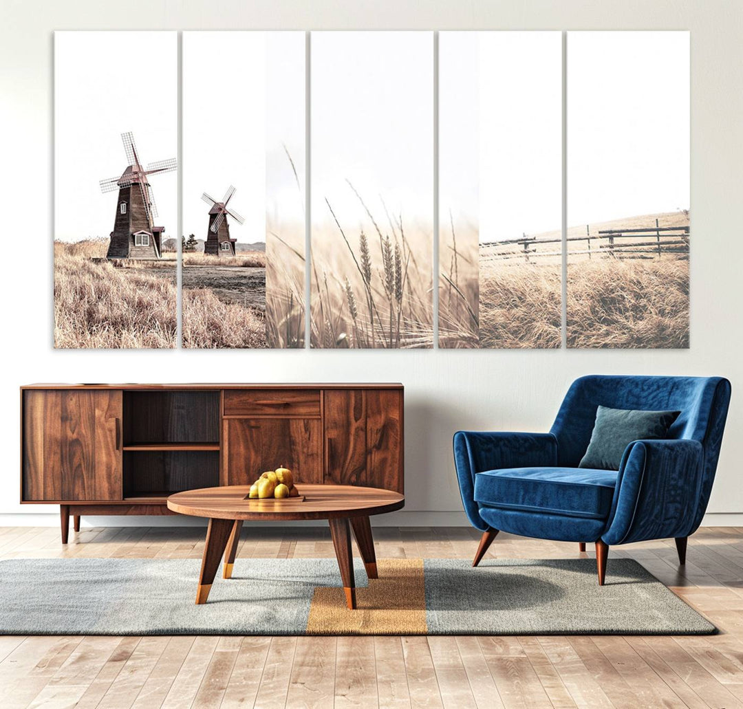 Farmhouse wall art set: 3 giclee canvas prints featuring windmills and wheat fields.