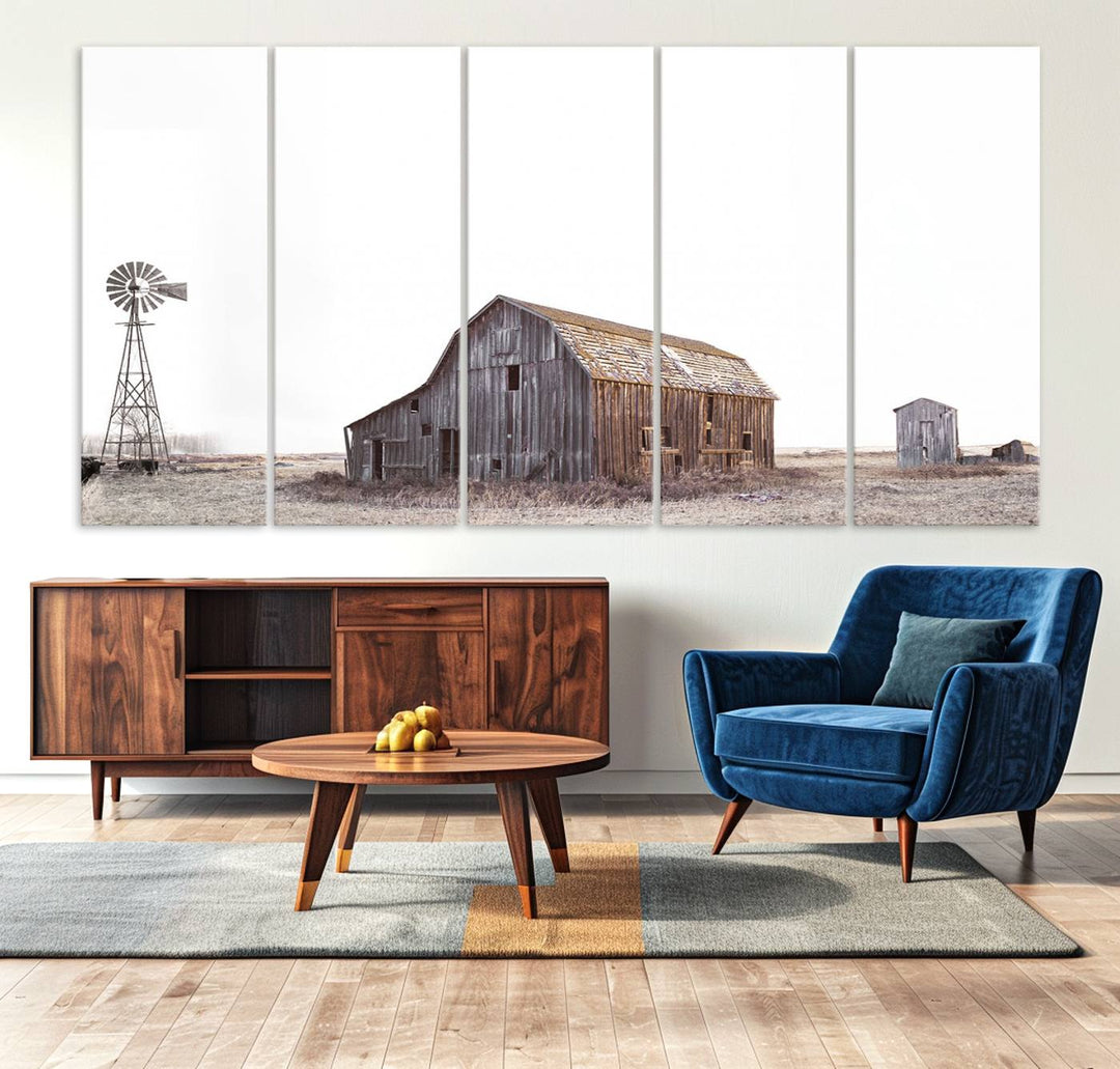 The Set of 3 Rustic Farmhouse Wall Art Prints features a barn, wheat field, and landscape.