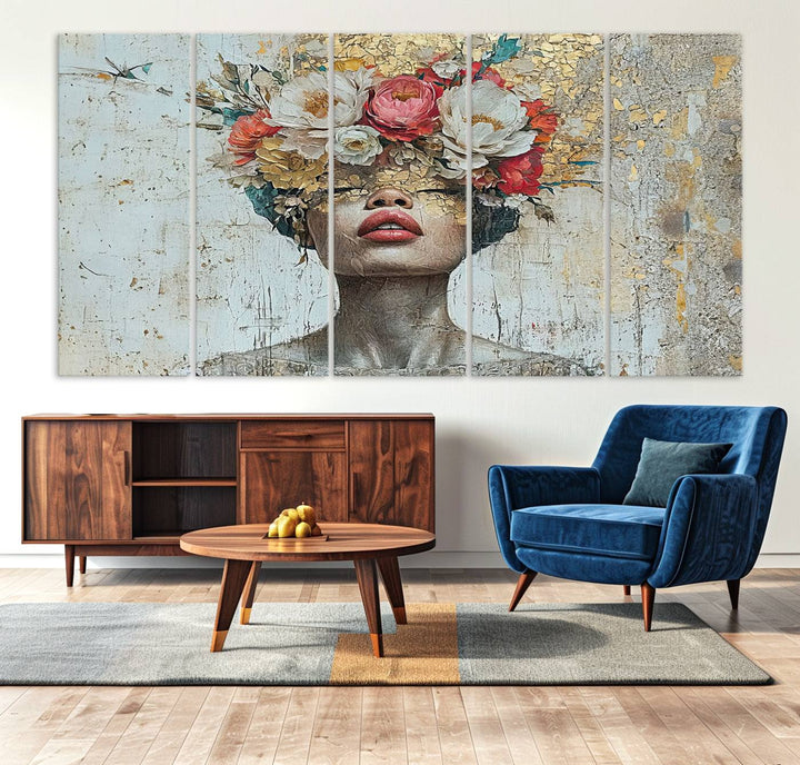 A triptych of the Golden Petal Silhouette Woman Wall Art Canvas Print showcases an abstract portrait featuring a woman adorned with flowers on her head.