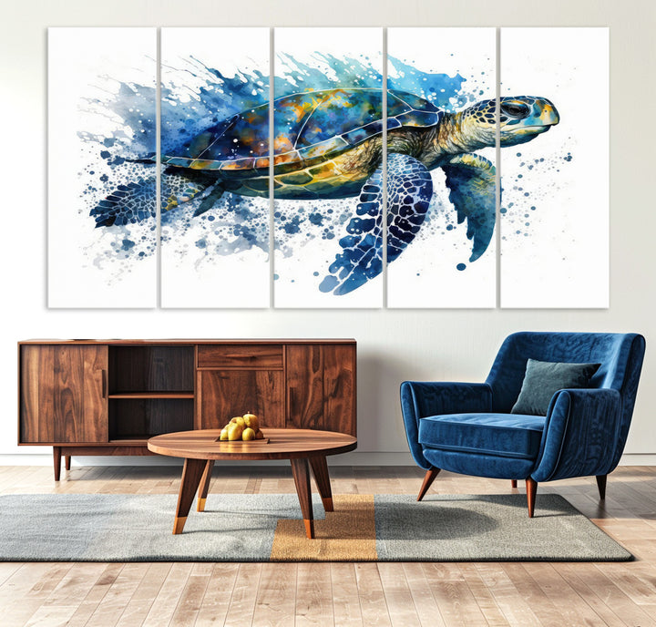 The Turtle Wall Art Print, featuring blue splashes, beautifully showcases Ocean Life.