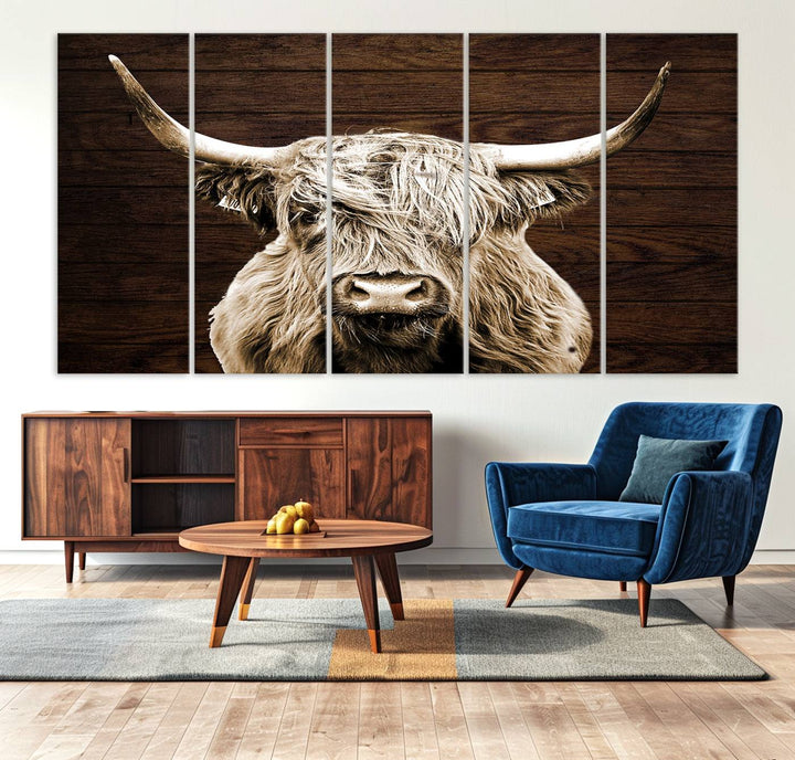 Highland Cow Wall Art Canvas Print: Majestic Scottish bull on rustic decor, ready to hang.