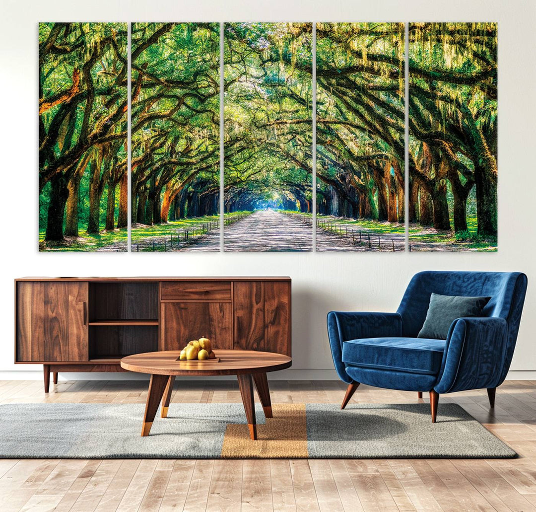 Serene Tree Tunnel Wall Art Canvas Print – Pathway Under Canopy of Lush Green Trees, Nature-Inspired Decor for Living Room – Ready to Hang