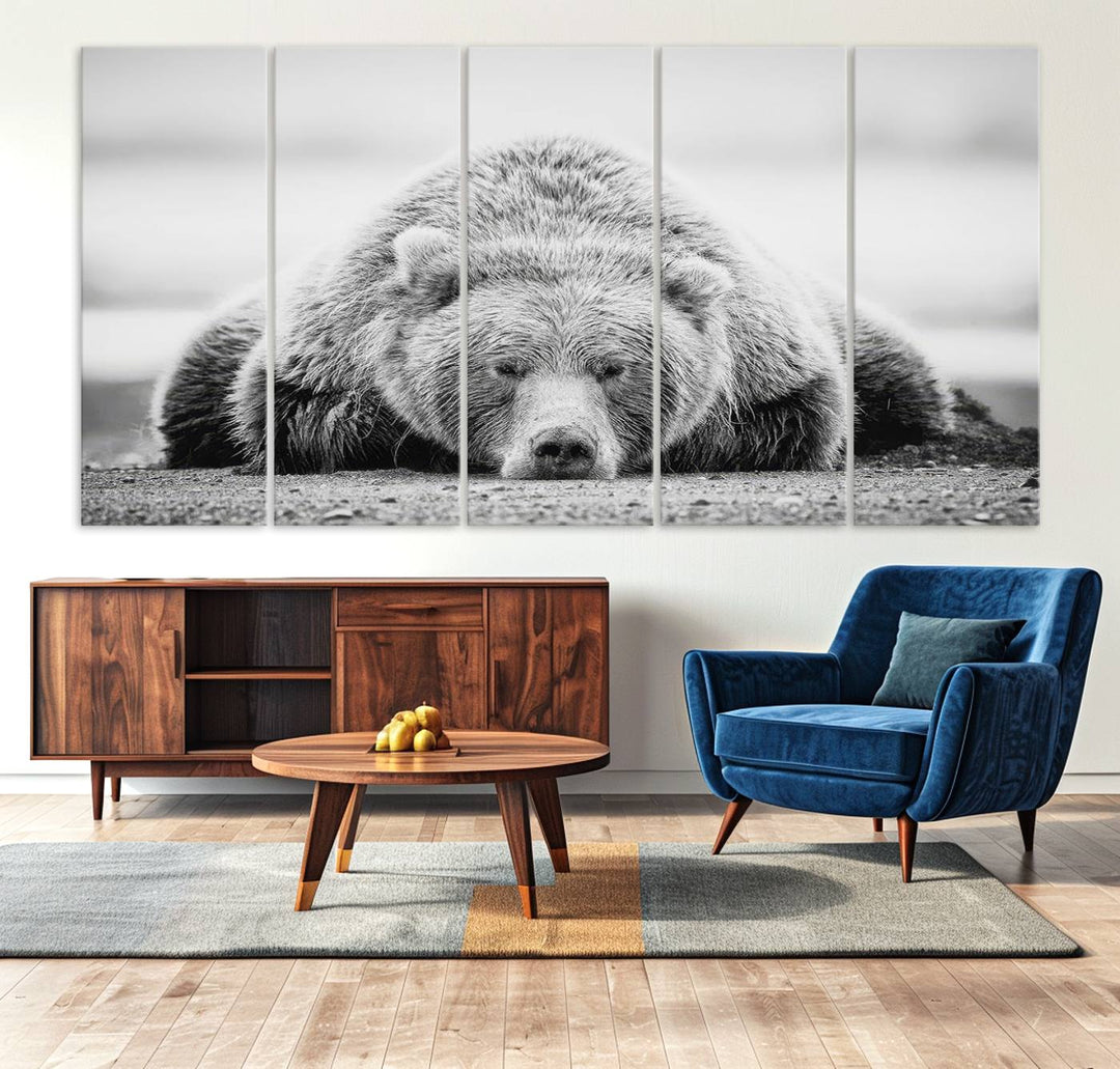 Resting Bear Wall Art Canvas Print – Majestic Lazy Black and White Wildlife Bear Art, Perfect for Nature-Inspired Home Decor – Ready to Hang