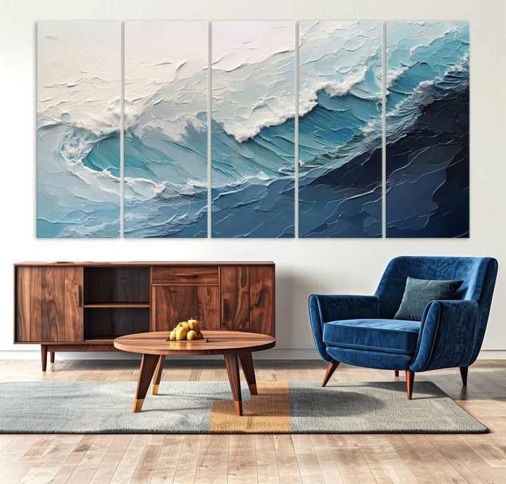 The Blue Abstract Wave Ocean Wall Art Canvas Print hangs prominently.