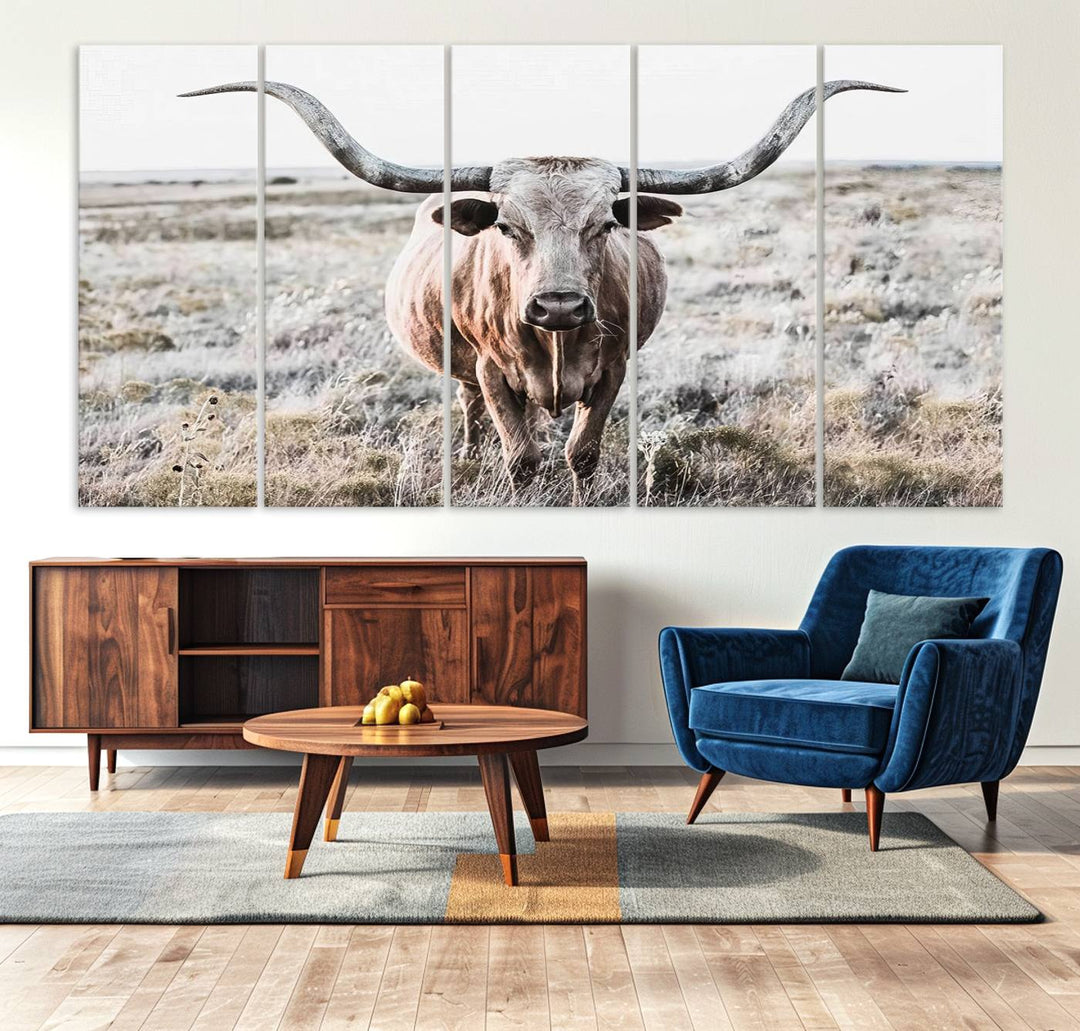 A framed gallery-wrapped Rustic Texas Longhorn Wall Art Canvas Print enhances the space, perfectly capturing the essence of the grassy landscape.