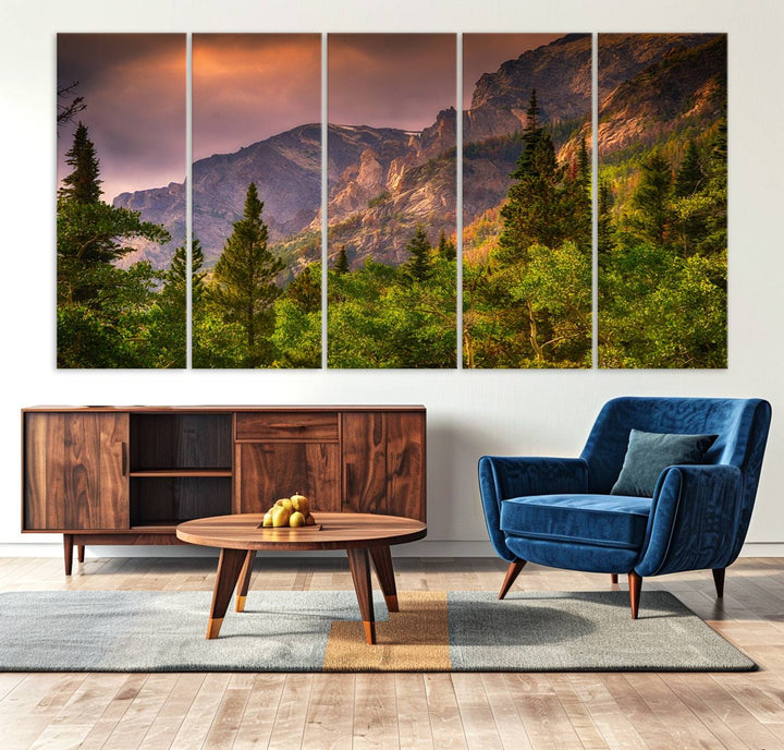 The Colorado Rockies Mountains wall art canvas print at sunset is displayed prominently.