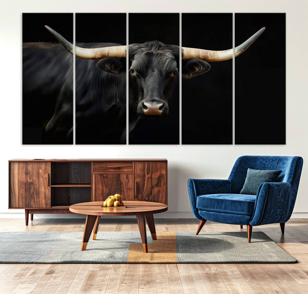 Texas Longhorn Cow | Majestic Black Bull Wall Art Canvas Print - Farmhouse Animal Decor - Ready to Hang