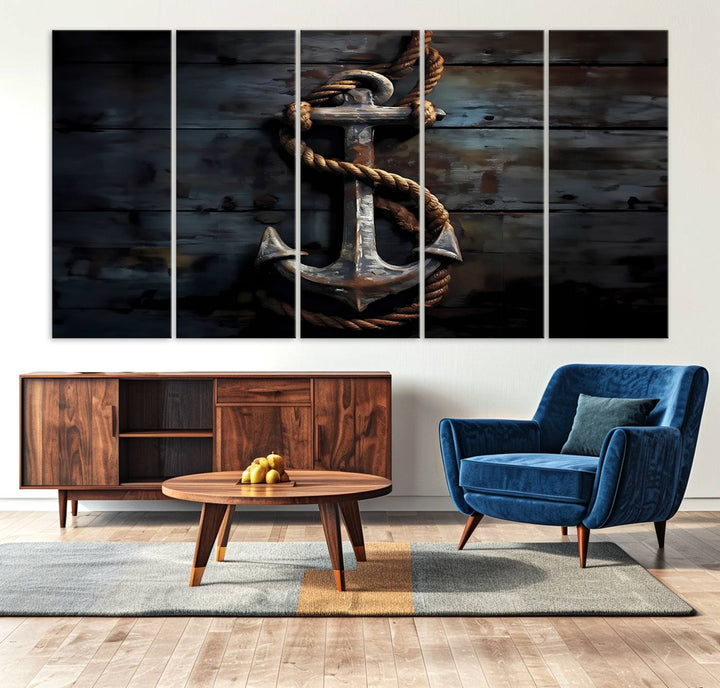 The wooden wall displays a 3 Panel Grunge Abstract Anchor Wall Art Canvas Print Set.