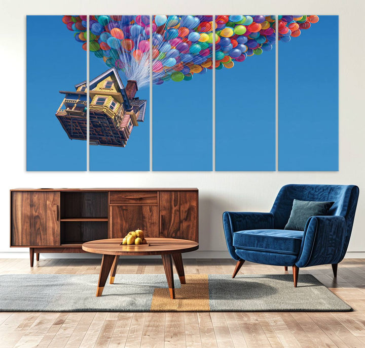 The "Carl Fredricksen, Up Movie Wall Art" features a three-panel design with a house lifted by colorful balloons, adding whimsical decor to any space.