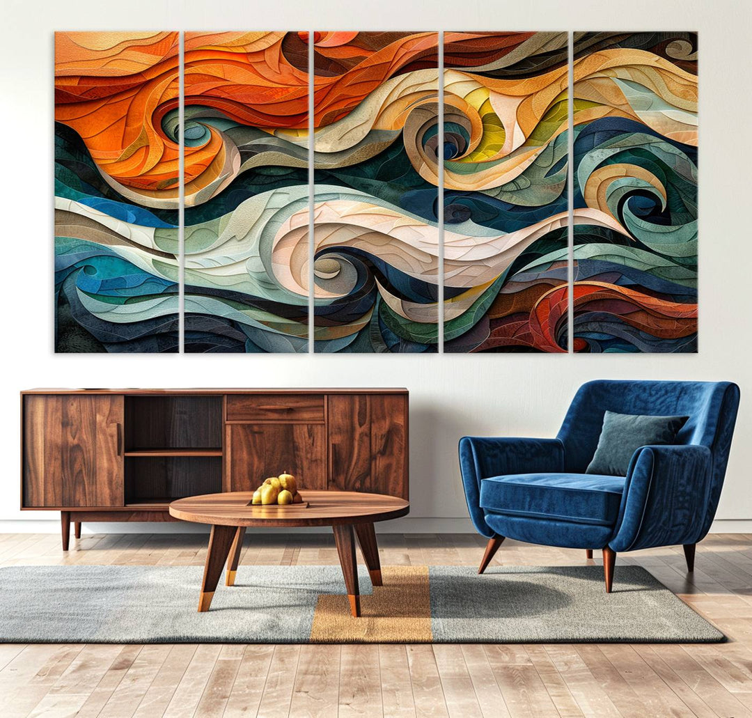 Abstract Wave Wall Art is a ready-to-hang framed canvas print featuring swirling orange, blue, and white patterns. It's perfect for adding vibrant decor to modern spaces.