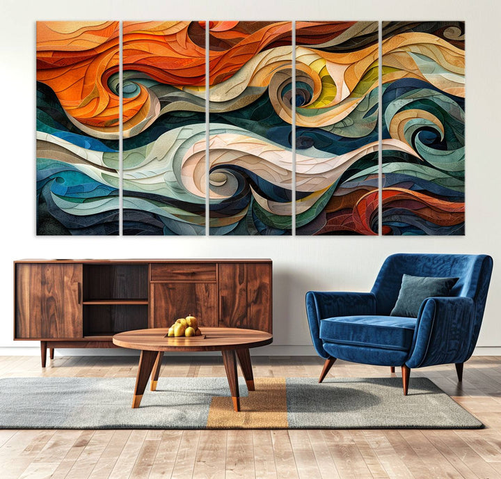 Abstract Wave Wall Art is a ready-to-hang framed canvas print featuring swirling orange, blue, and white patterns. It's perfect for adding vibrant decor to modern spaces.