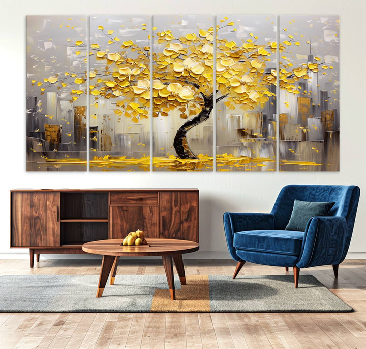 A framed canvas print from the "Golden Tree Canvas Print | Abstract Wall Art for Modern Homes | Ready to Hang Framed Artwork" collection hangs elegantly against the dark wall, epitomizing exquisite abstract wall art.