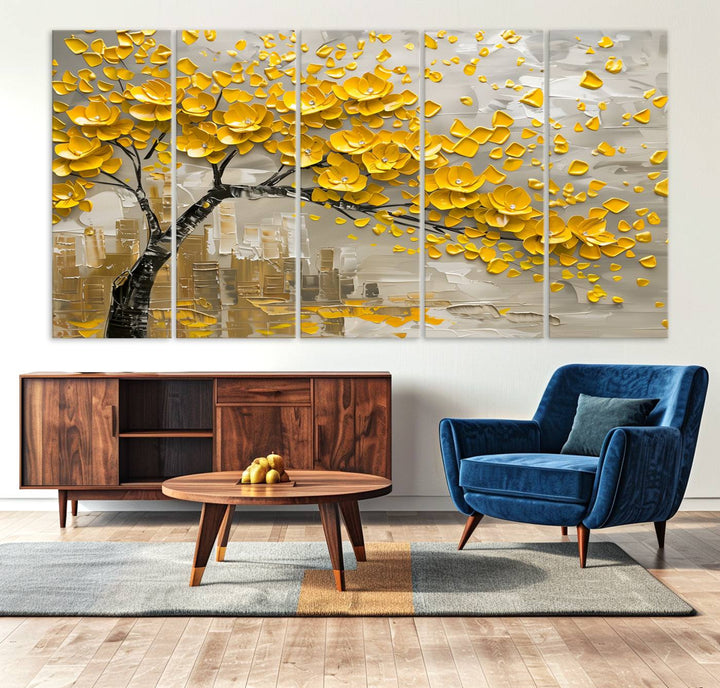 The living room showcases a Yellow Blossom Tree Canvas Wall Art, modern and floral.