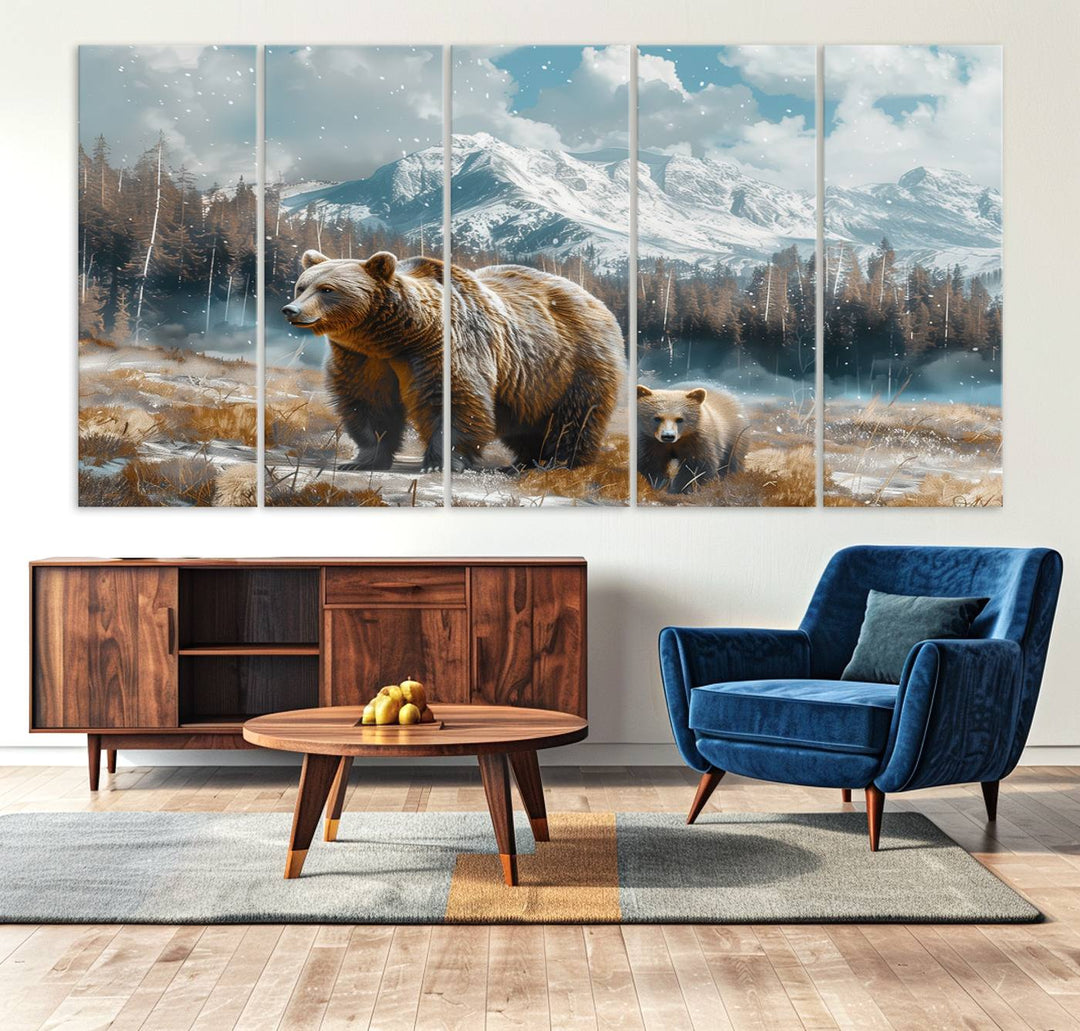 The modern living room features a Bear and Baby Bear Wall Art Canvas Print depicting a snowy mountain landscape, making it a stunning visual piece and a meaningful gift idea.