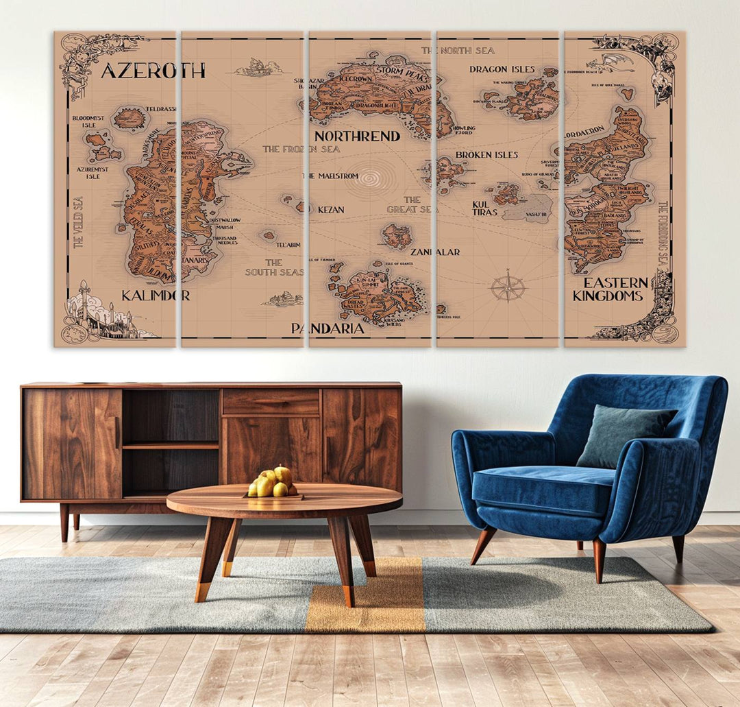 The Vintage Azeroth World Map Canvas Print, a stunning three-piece set, enhances the space with its vintage charm, perfectly complementing your gaming decor.