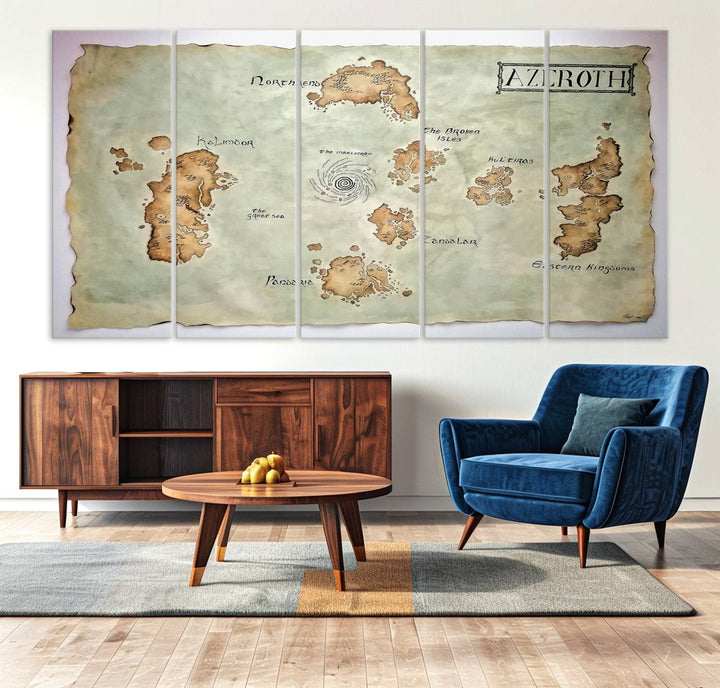 The Azeroth World Map Wall Art Canvas Print, a three-panel vintage piece, brings a cozy fantasy gaming atmosphere to the room.