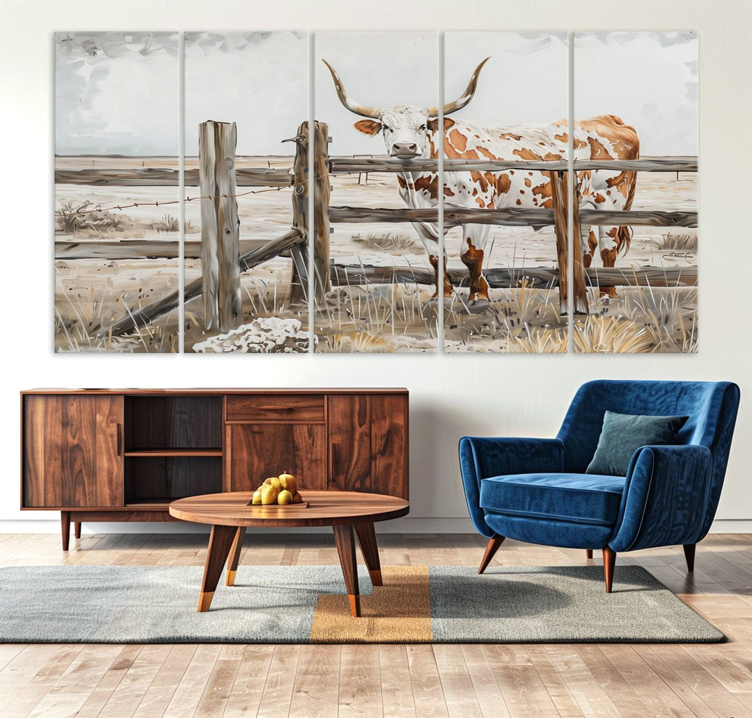 The Abstract Longhorn Cow Wall Art, a ready-to-hang framed canvas print, adds rustic charm and perfectly captures the essence of rural elegance.