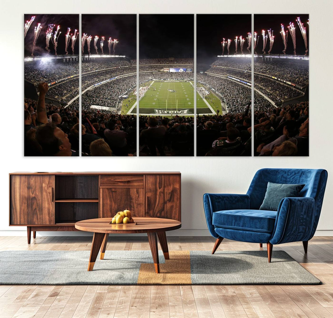 The living room features a spectacular Philadelphia Eagles Football Team Print. This wall art canvas print of Lincoln Financial Field at night captures a Philadelphia Eagles game under the dazzling brilliance of fireworks, making it an eye-catching centerpiece.