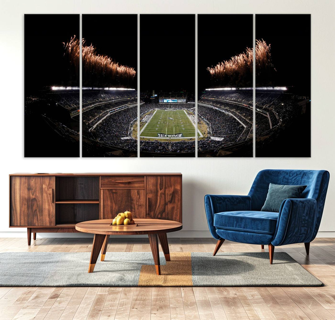 A stunning triptych wall art featuring the Philadelphia Eagles Football Team Print, capturing Lincoln Financial Field with spectacular fireworks.