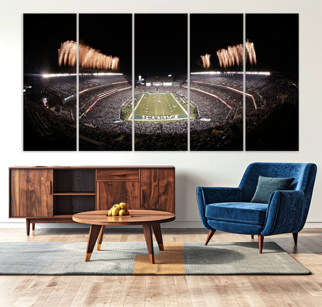 Experience the breathtaking Lincoln Financial Field Fireworks Game captured in this triple canvas wall art. A must-have for any Philadelphia Eagles fan!