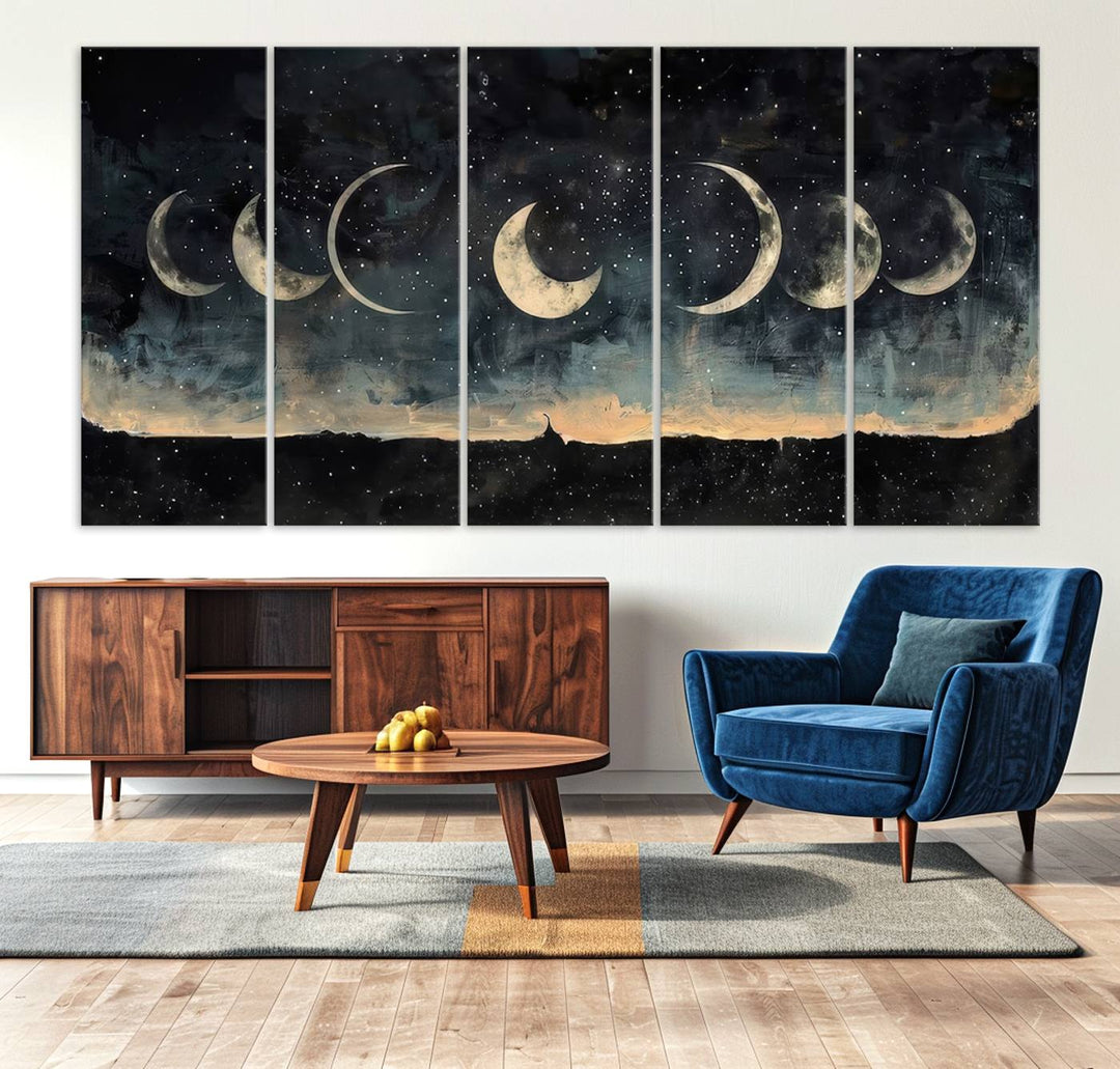 The "Phases of the Moon Wall Art," a framed canvas series capturing the celestial beauty of lunar cycles against a starry night, adds an elegant touch to the contemporary dining room.