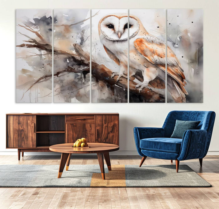 The Barn Owl Wall Art, a watercolor canvas print, elegantly adorns the wall in a modern living room, seamlessly merging farmhouse wall decor with contemporary style.