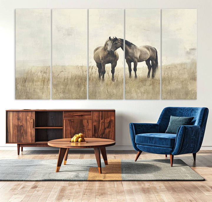 The Chinese Style Grunge Horses Wall Art Canvas Print, featuring a three-panel design of two horses in a misty field, is crafted on museum-quality canvas using high-resolution printing and hangs elegantly.