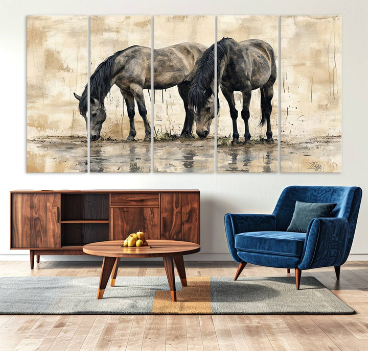 Chines Ink Style Black Horses Wall Art Canvas Print features a triptych painting of two horses drinking at the water's edge.