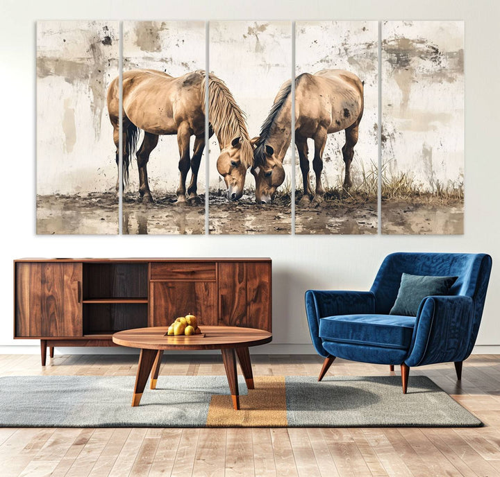 The Vintage Horses Wall Art, a ready-to-hang and framed triptych, beautifully captures two horses gracefully grazing. It perfectly complements the rustic charm of western farmhouse wall decor.