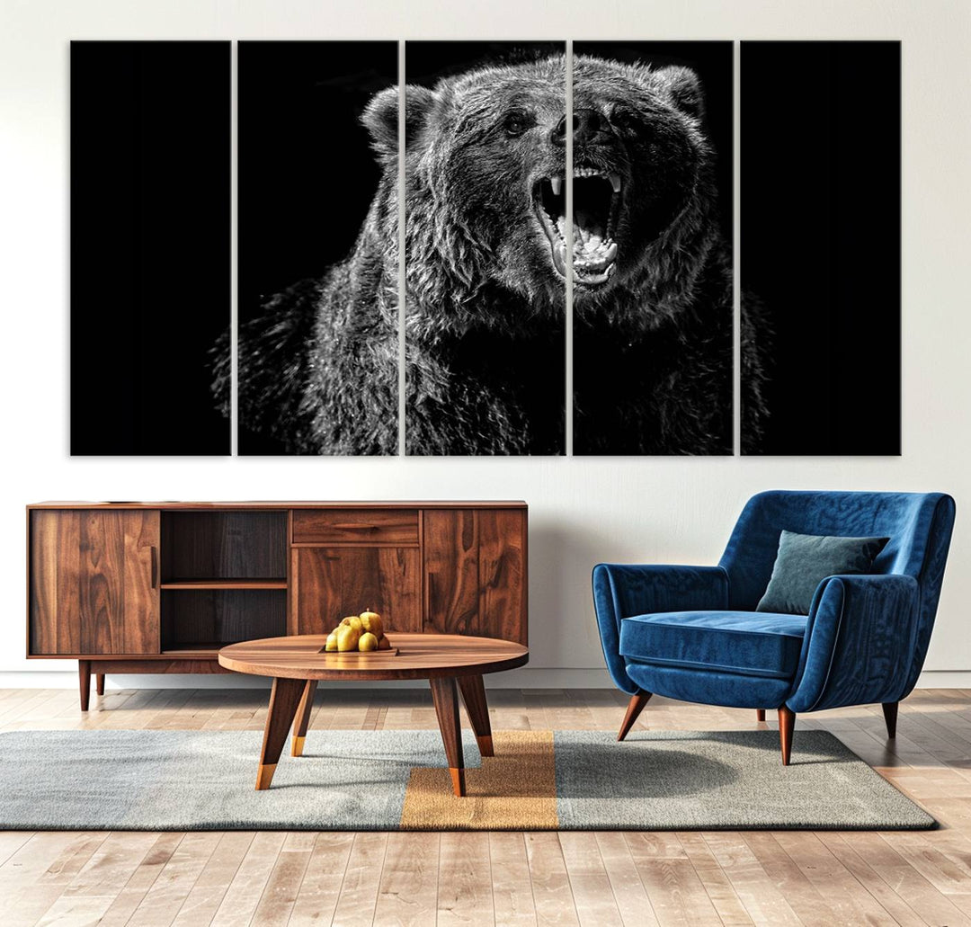 A striking Bear Canvas Print, perfect for cabin decor and ready to hang, is displayed in the modern living room, adding a touch of wildlife art to the sleek design.