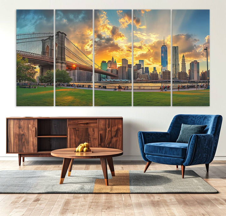 The "Brooklyn Bridge New York Skyline Wall Art" is a ready-to-hang framed canvas print that beautifully captures the cityscape at sunset, showcasing the iconic Brooklyn Bridge and majestic skyscrapers.