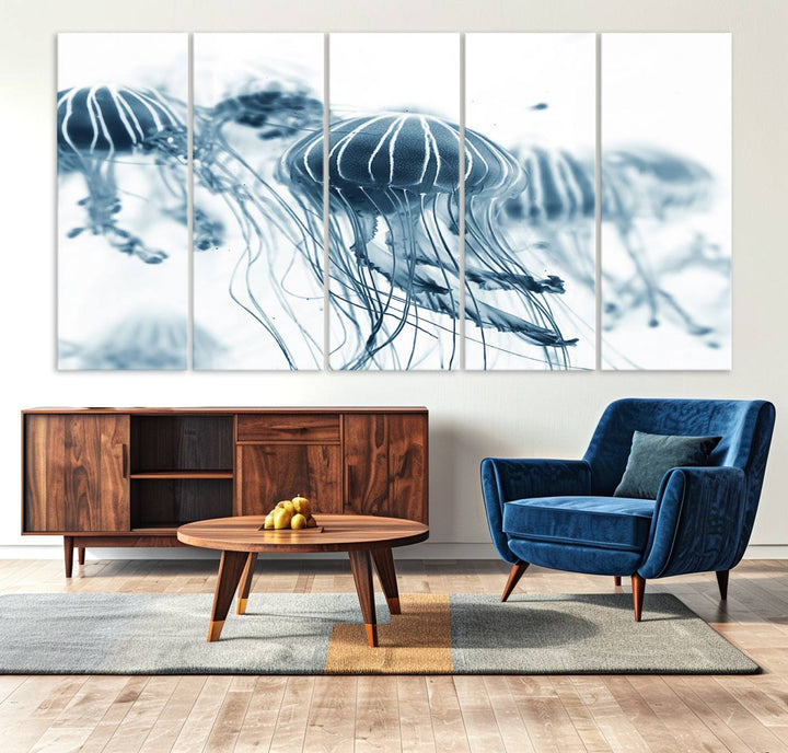 The Abstract Jellyfish Wall Art Canvas Print, a three-panel piece featuring high-resolution printing, hangs elegantly in the room, adding vibrant detail to the space.