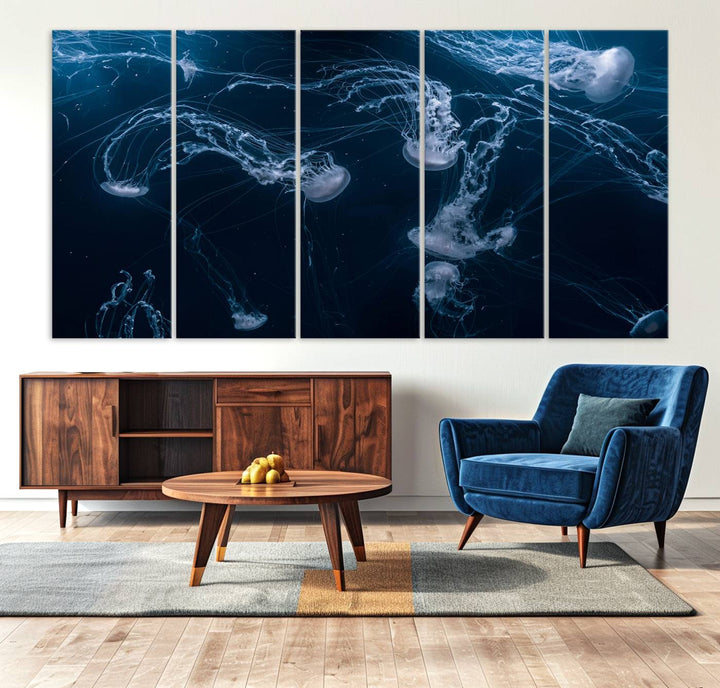 Room with modern decor, featuring the Abstract Jellyfish in Ocean Wall Art Canvas Print on museum-quality canvas.