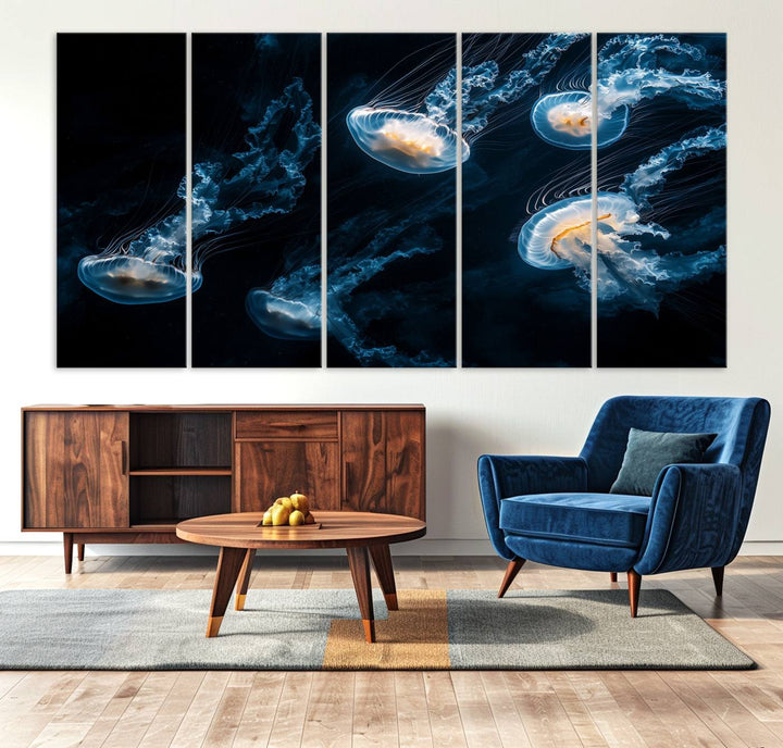 The "Jellyfish Wall Art Canvas Print," featuring a sea-themed design of glowing jellyfish, is displayed in high-resolution on museum-quality canvas.