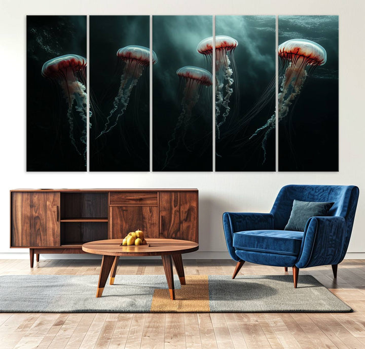 The Abstract Jellyfish Wall Art Canvas Print, framed in the USA and showcased on museum-quality canvas with high-resolution printing, adds a decorative touch to the space.